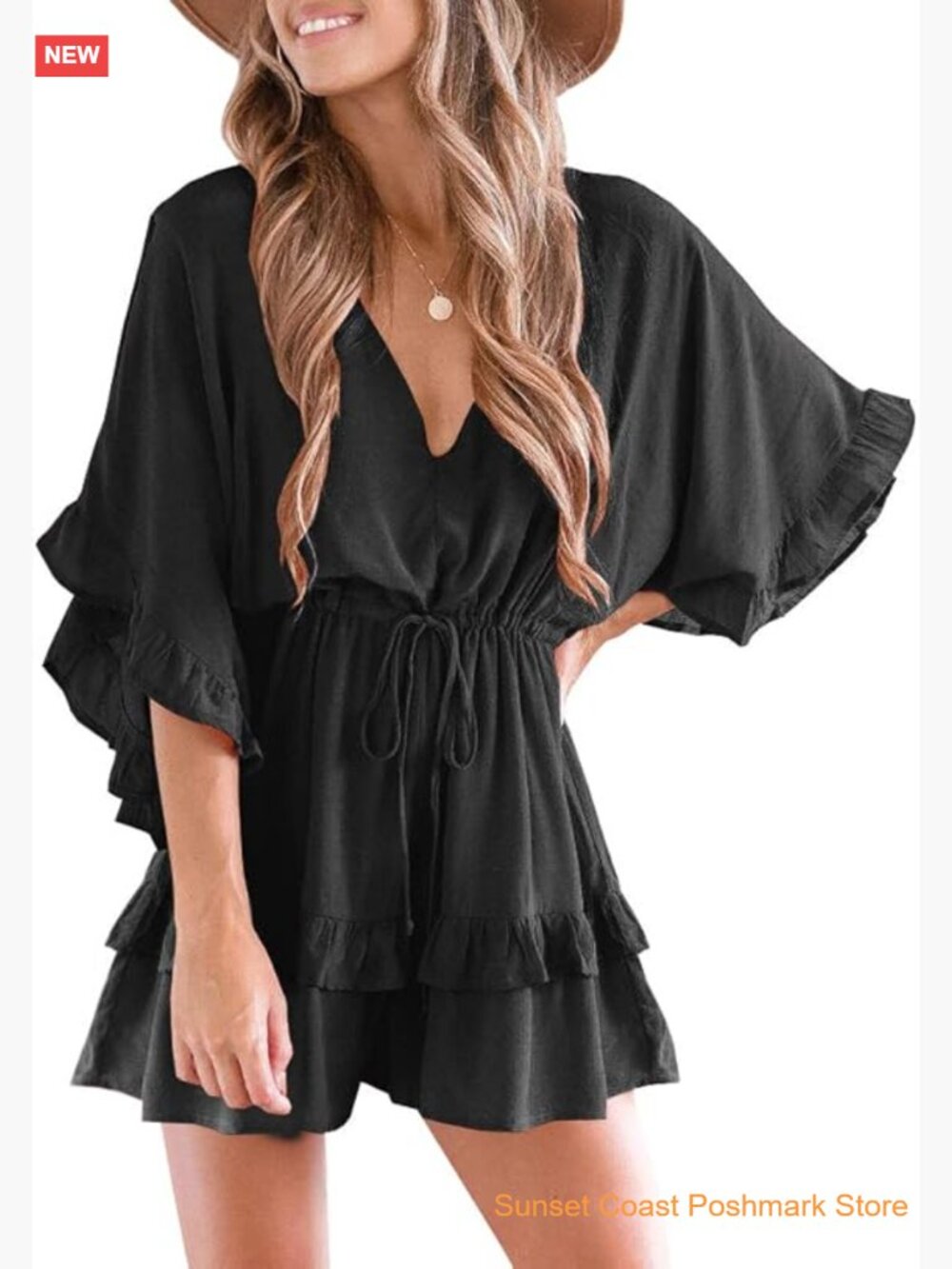 V Neck Beach Romper Ruffle Layered Drawstring Waisted Shorts Jumpsuit